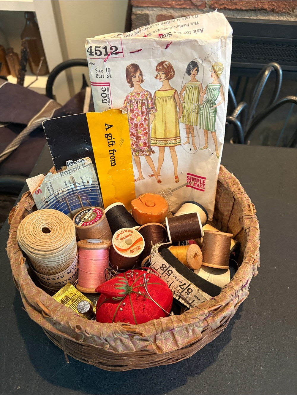 Vintage Sewing Basket with Assorted Notions